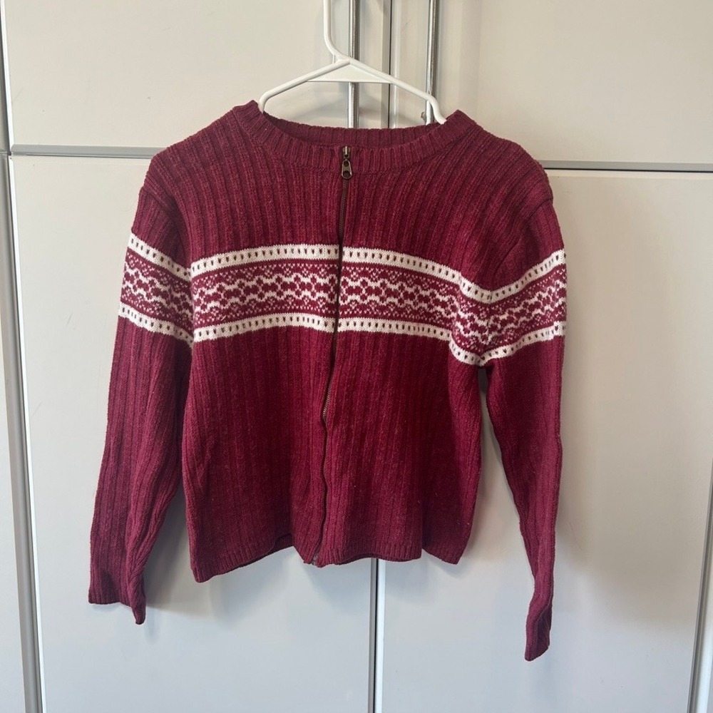 High Sierra Kids Large 14 Burgundy Red Fair Isle Full Zip Ribbed Knit Sweater